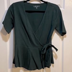 Loft Dark Green Short Sleeve Wrap Peplum Top